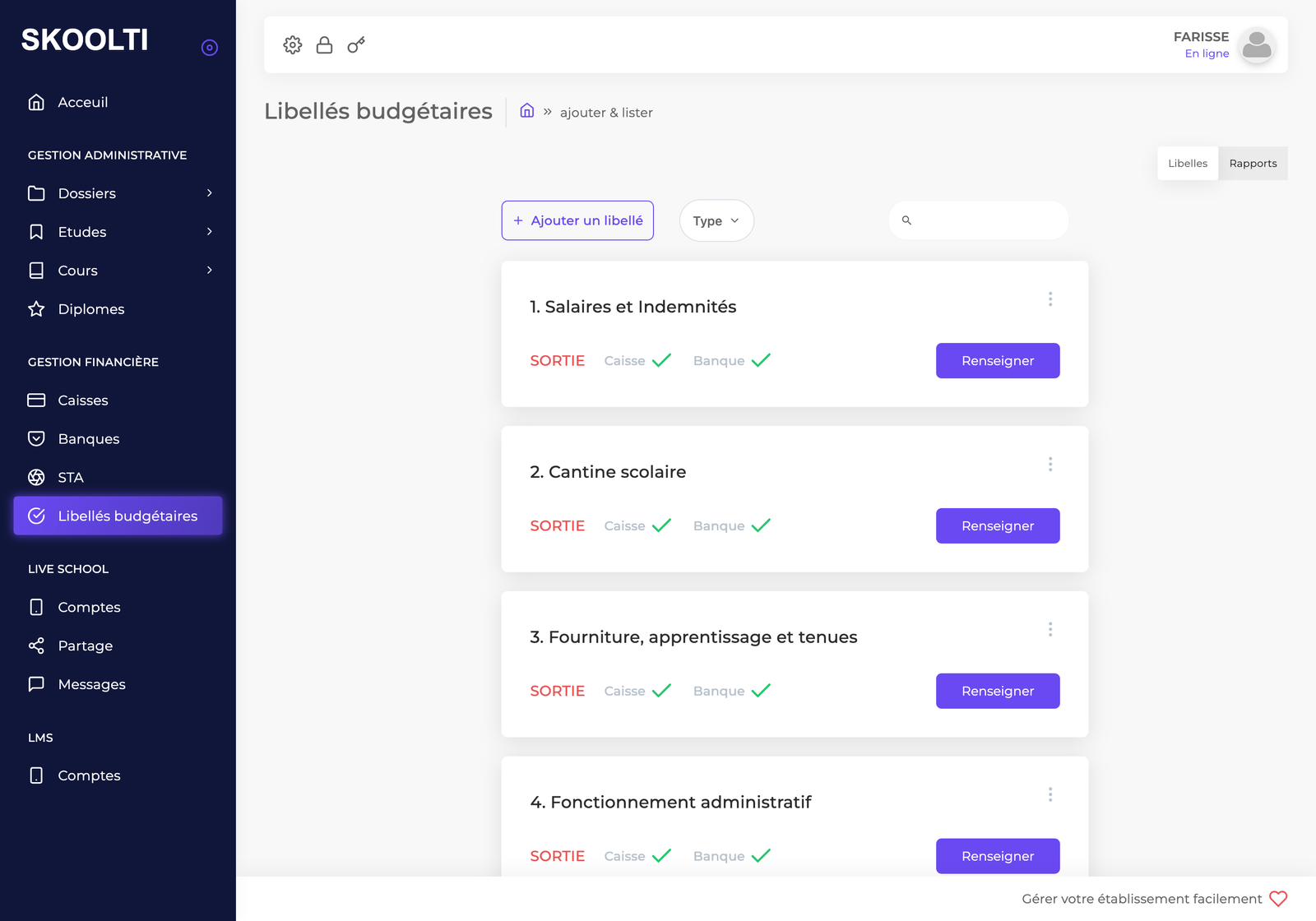 Aperçu de l'interface - Lignes budgétaires