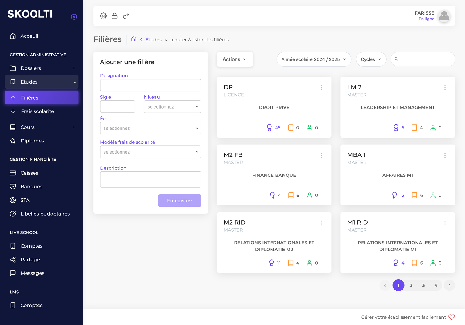 Aperçu de l'interface - Gestion des filières