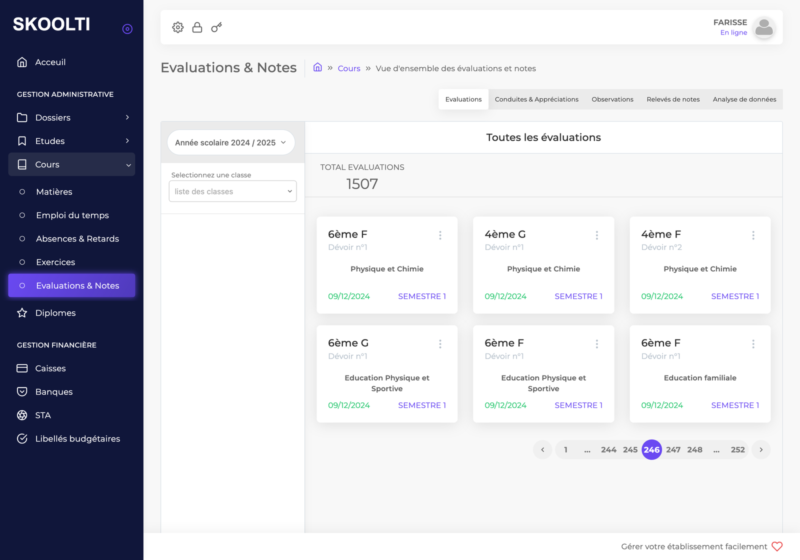 Aperçu de l'interface - Liste des évaluations